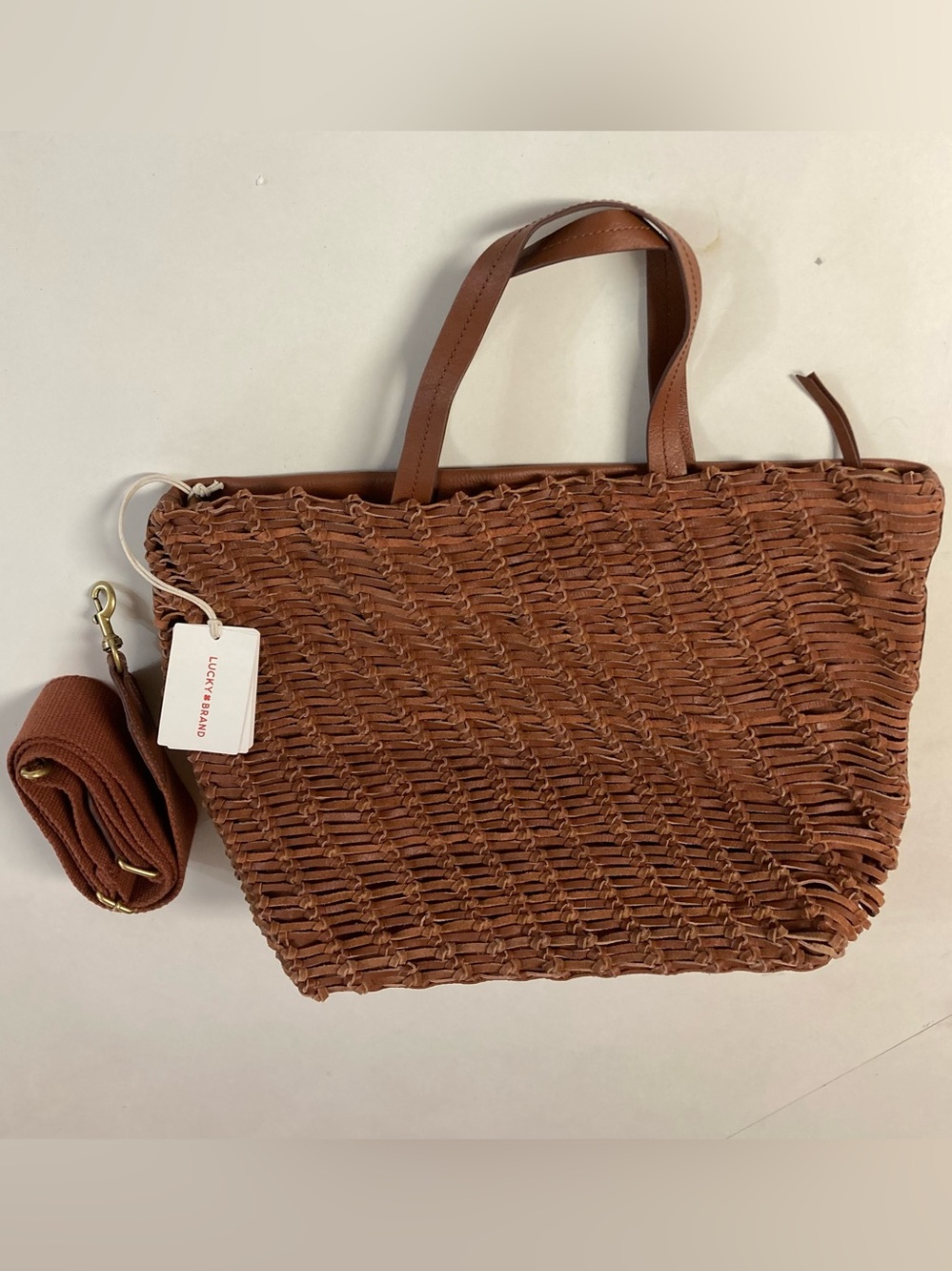 NWT Lucky Brand Woven Leather Brown Dawn Tote